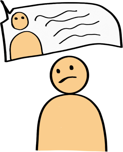 A person with an unhappy face. Above them is a speech bubble coming from somebody not in the image. The speech bubble has a picture of the main person in the image, with lines beside it that represent words.